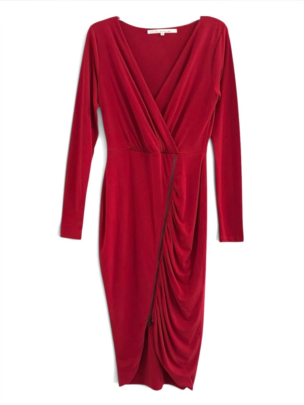 RACHEL Rachel Roy Bret Faux Wrap Midi Dress Cayenne Red Ruched Zipper M